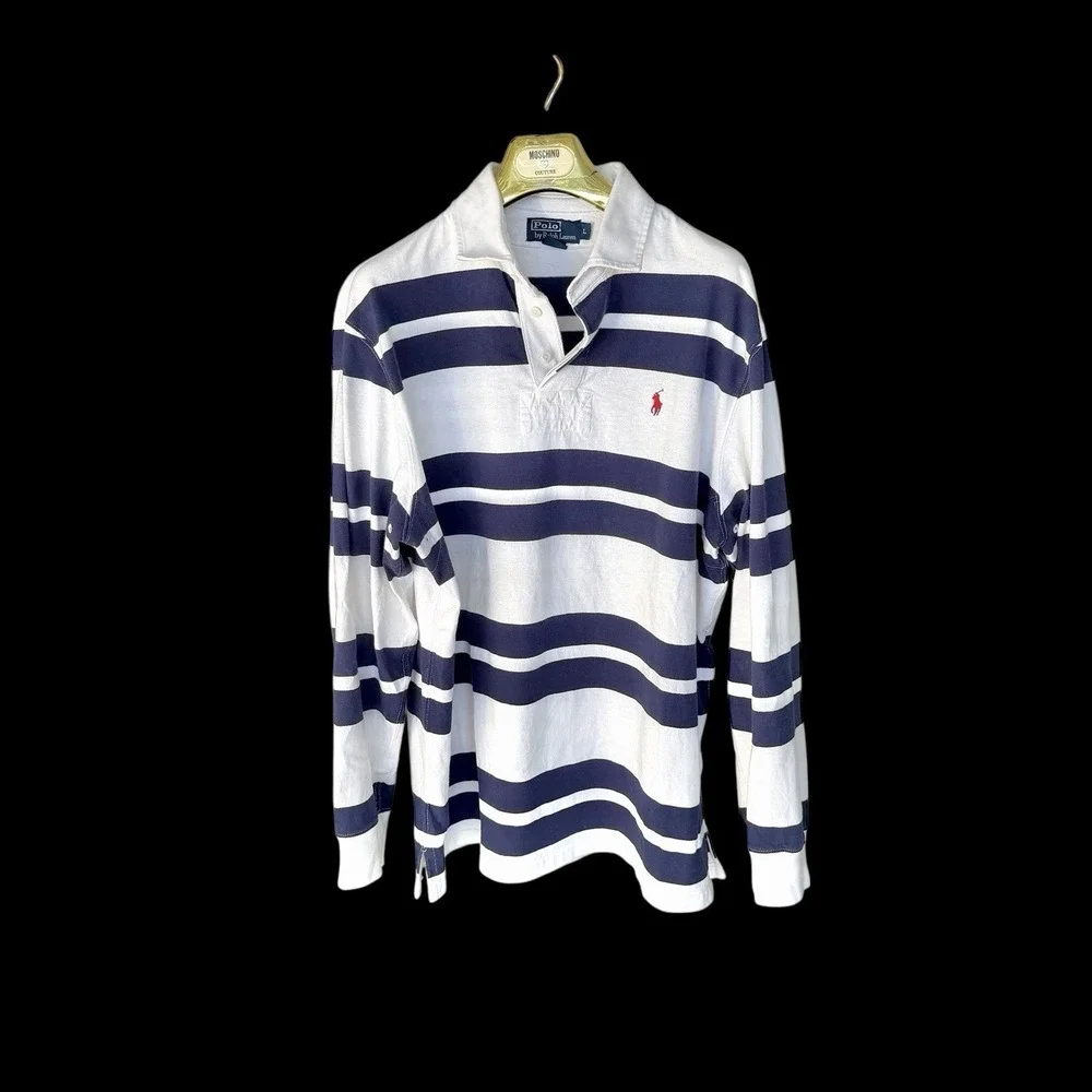 Polo Ralph Lauren Shirt Mens Large Navy White Striped Rugby Cotton Vintage 90's